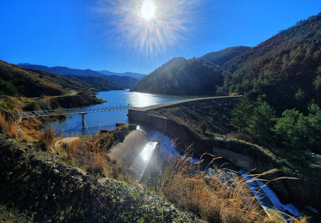 River and hills of Argaka village in Cyprus glowing in sunlight